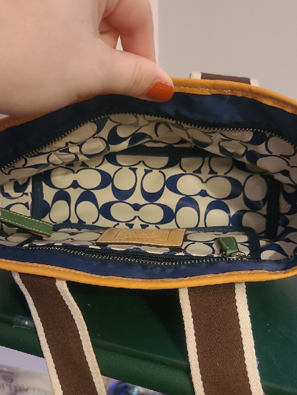 Coach Blue Tote Bag with Brown Accent and Yellow Trim Lined In Signature Plastic - Picture 6 of 12